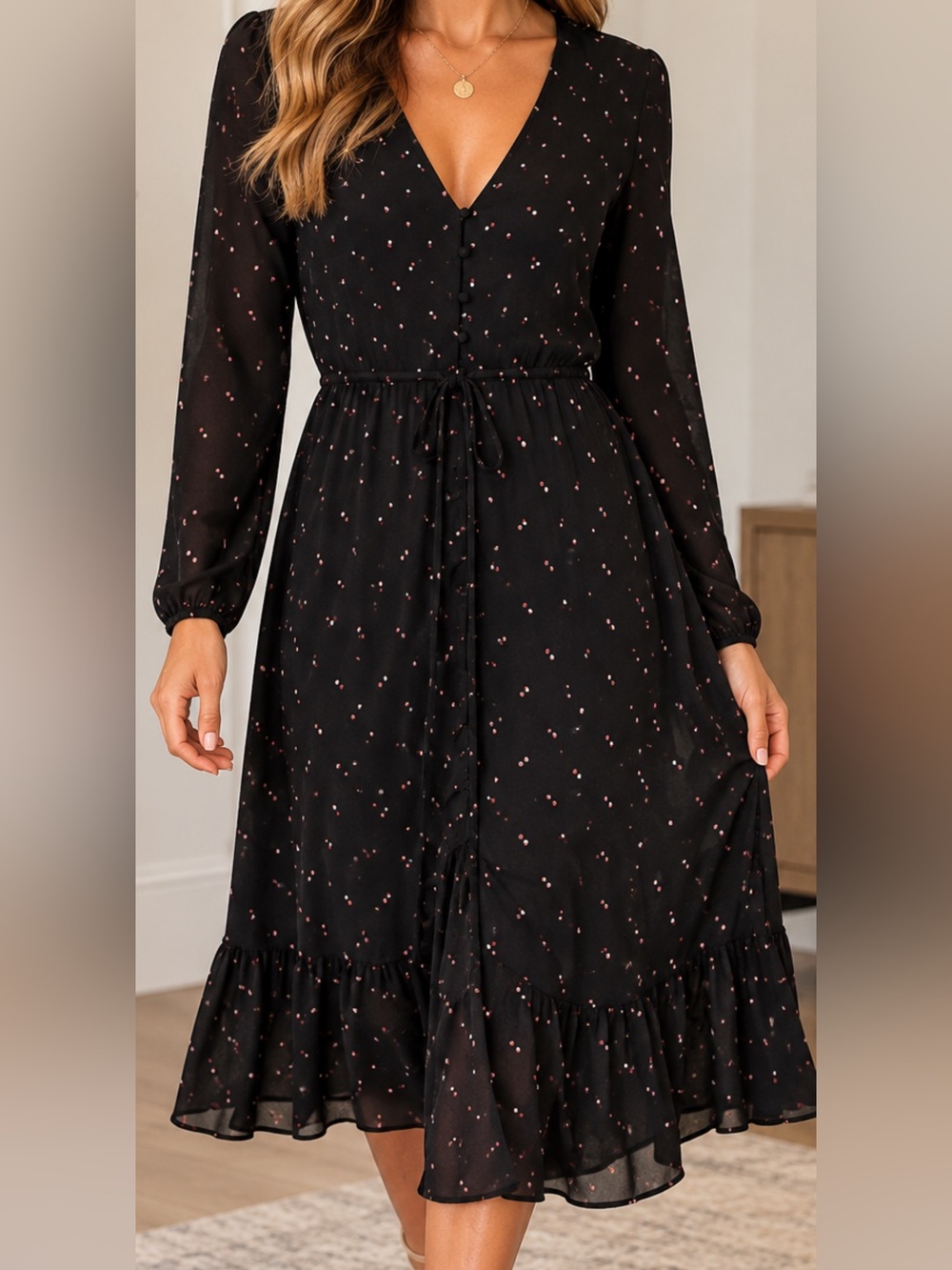 Rails Black Long-Sleeve V-Neck Dress with Pink Dot Print